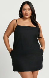 Mavie Mini Linen Dress - Linen Strappy Shift Dress in Black